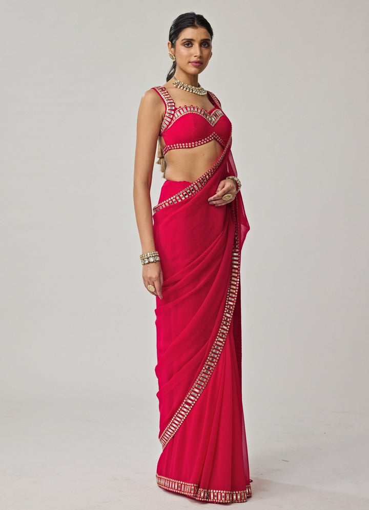 Crimson Red Mirror Embroidered Georgette Saree Set Vvani by Vani Vats - Fabilicious Fashion