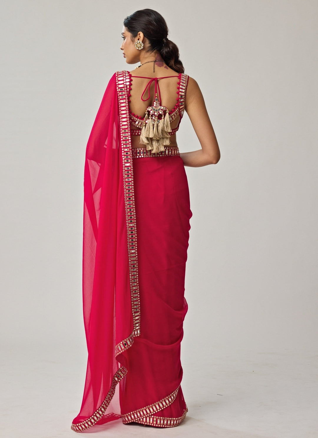 Crimson Red Mirror Embroidered Georgette Saree Set Vvani by Vani Vats - Fabilicious Fashion