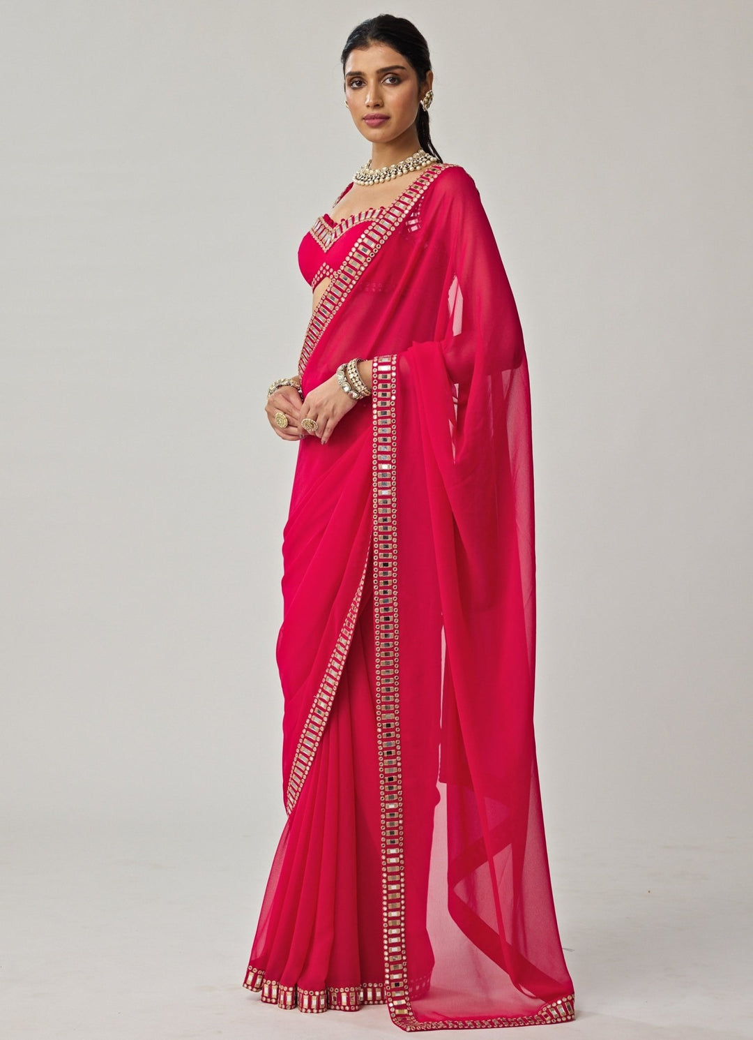 Crimson Red Mirror Embroidered Georgette Saree Set Vvani by Vani Vats - Fabilicious Fashion