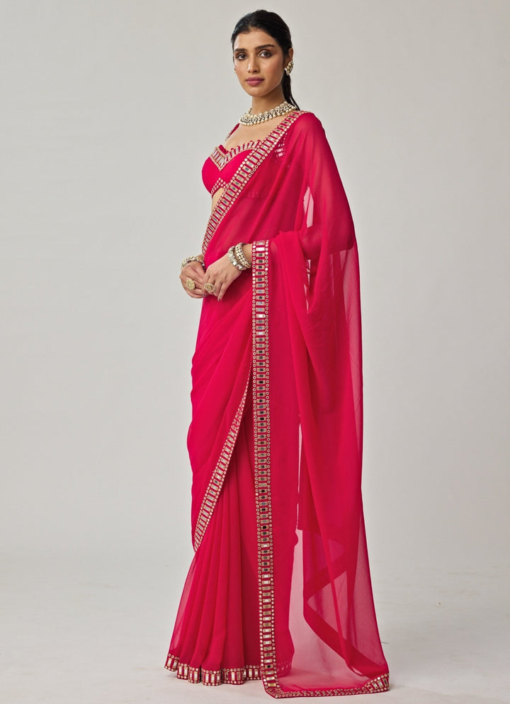 Crimson Red Mirror Embroidered Georgette Saree Set Vvani by Vani Vats - Fabilicious Fashion