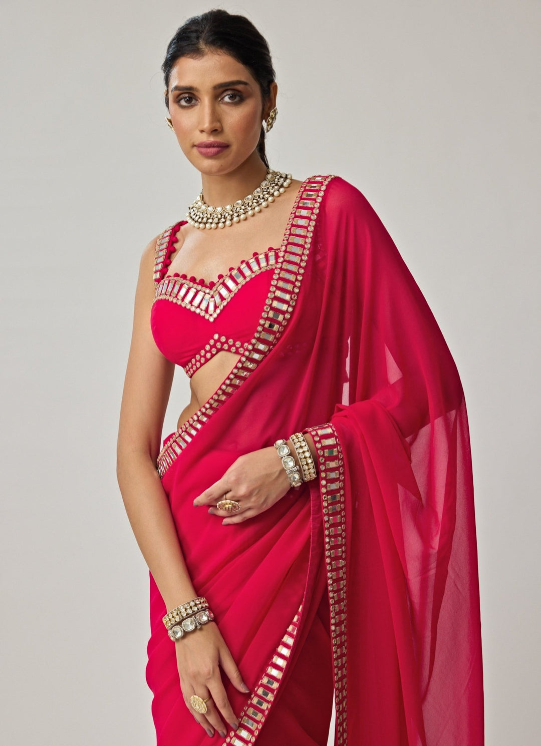 Crimson Red Mirror Embroidered Georgette Saree Set Vvani by Vani Vats - Fabilicious Fashion