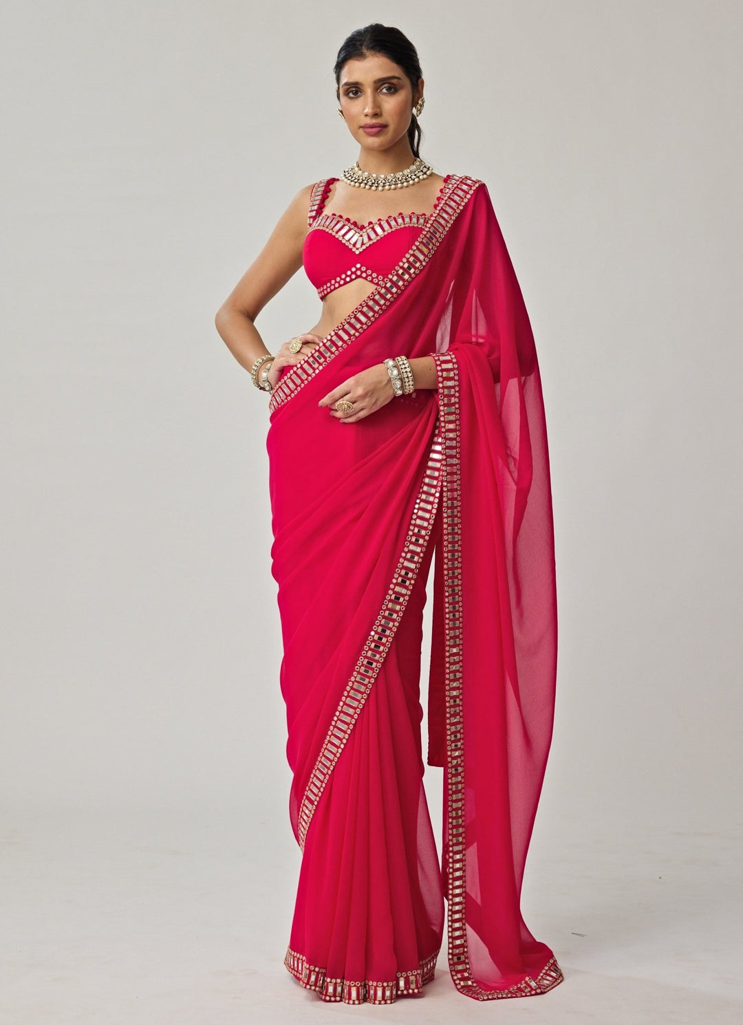 Crimson Red Mirror Embroidered Georgette Saree Set Vvani by Vani Vats - Fabilicious Fashion