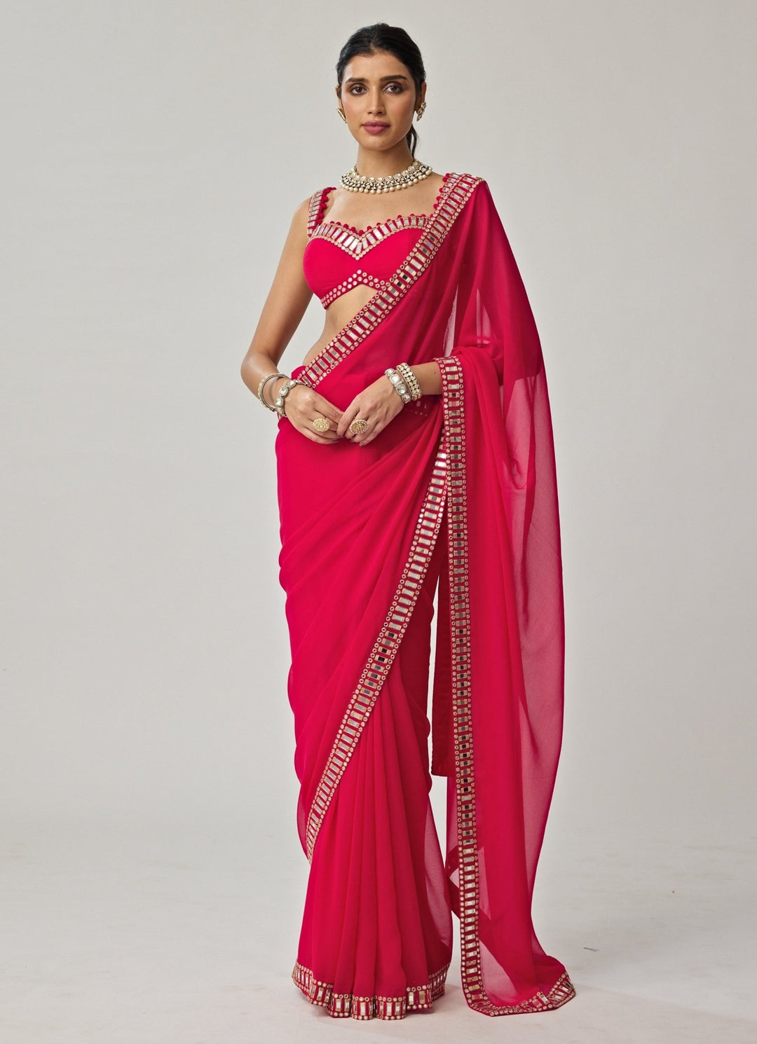 Crimson Red Mirror Embroidered Georgette Saree Set Vvani by Vani Vats - Fabilicious Fashion