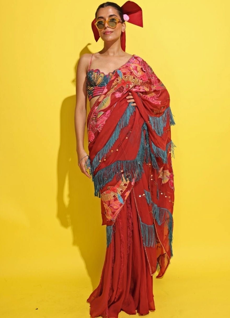 Rishi And Vibhuti Crimson Red Organza Pre-Draped SareeFabilicious Fashion