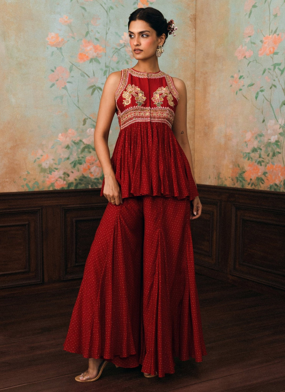 Paulmi and Harsh Crimson Red Peplum Kurta Palazzo SetFabilicious Fashion
