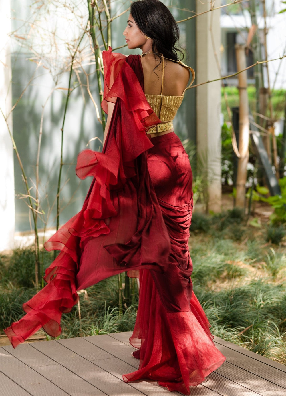 Crimson Red Predraped Ruffle Saree - Ready to Ship Rashika Sharma - Fabilicious Fashion