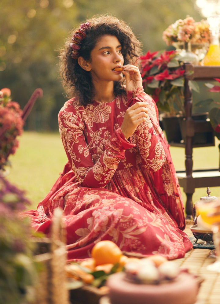 Crimson Red Printed Chanderi Anarkali Paulmi and Harsh - Fabilicious Fashion