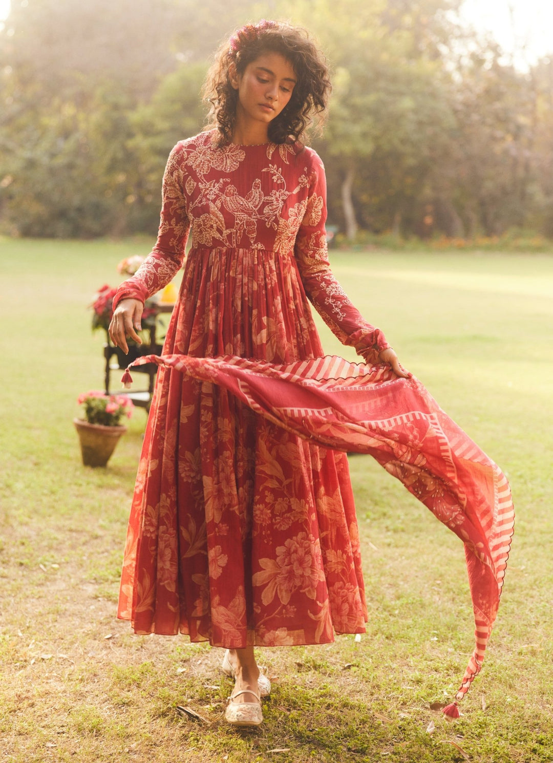 Crimson Red Printed Chanderi Anarkali Paulmi and Harsh - Fabilicious Fashion