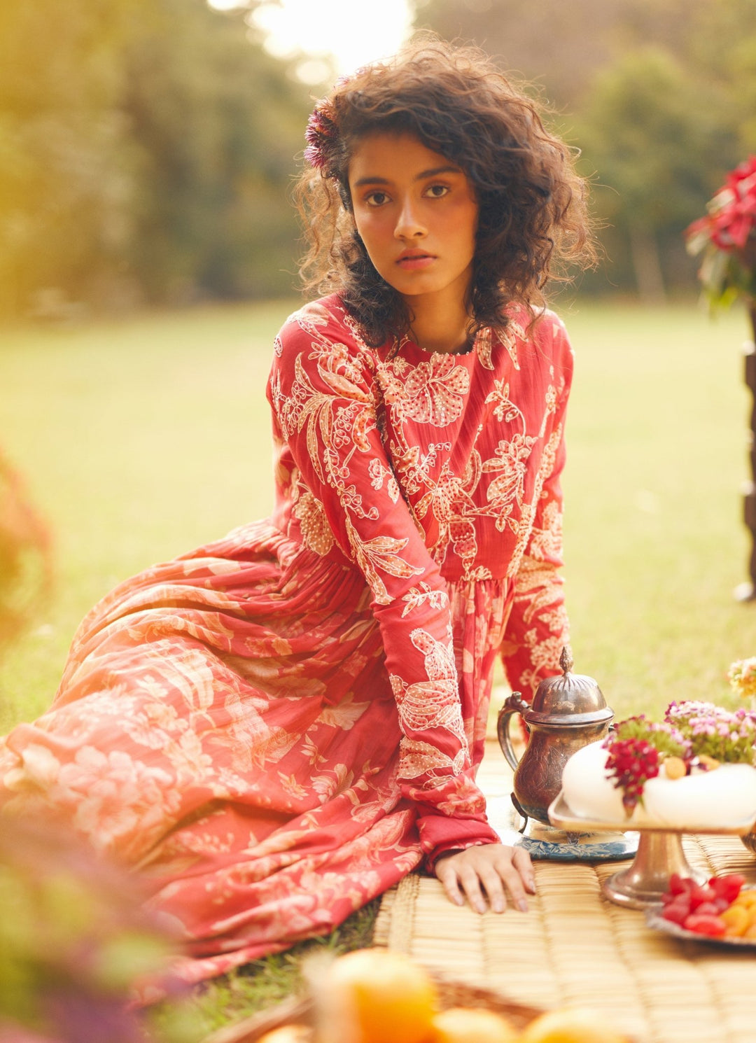 Crimson Red Printed Chanderi Anarkali Paulmi and Harsh - Fabilicious Fashion
