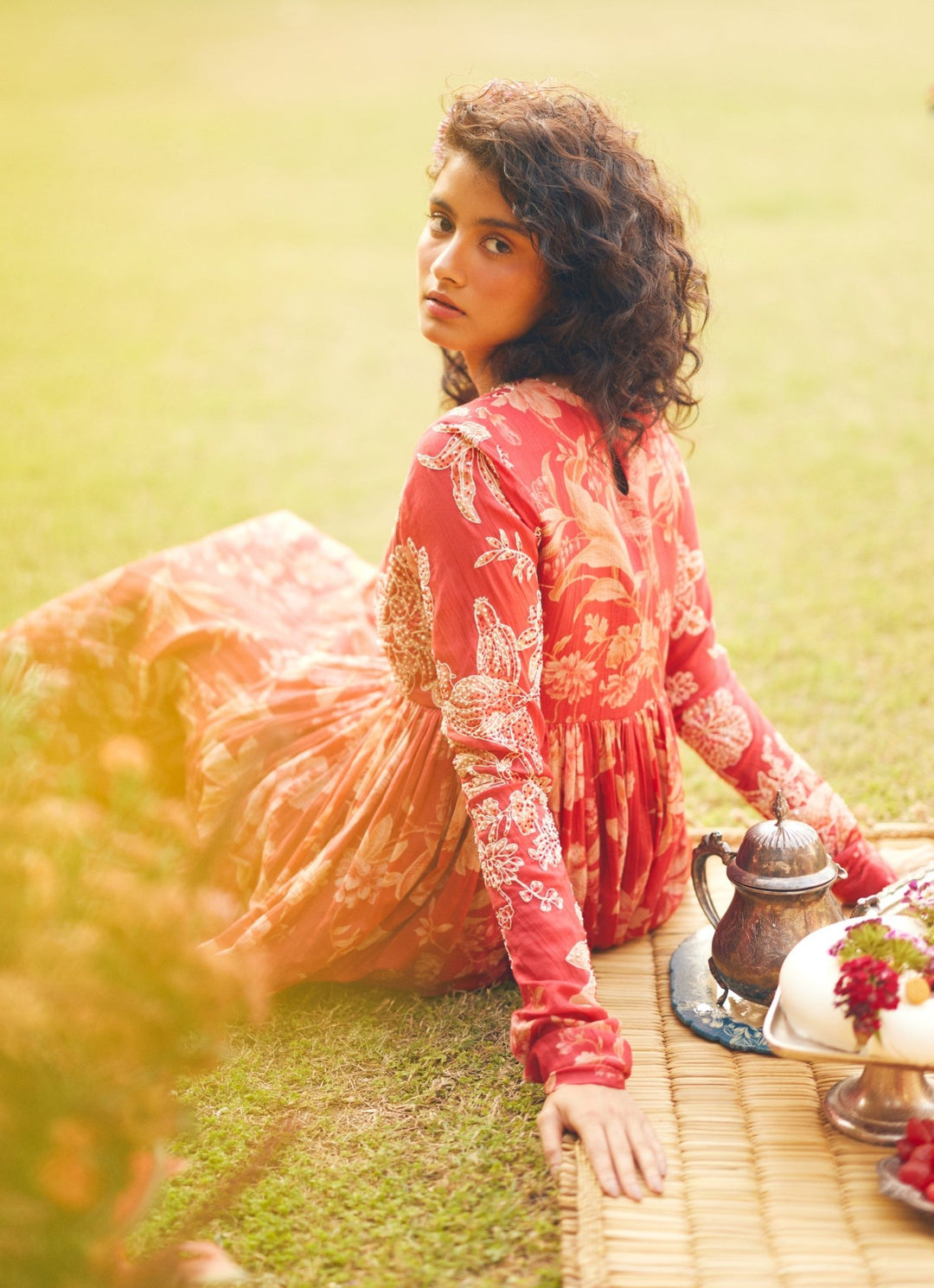Crimson Red Printed Chanderi Anarkali Paulmi and Harsh - Fabilicious Fashion
