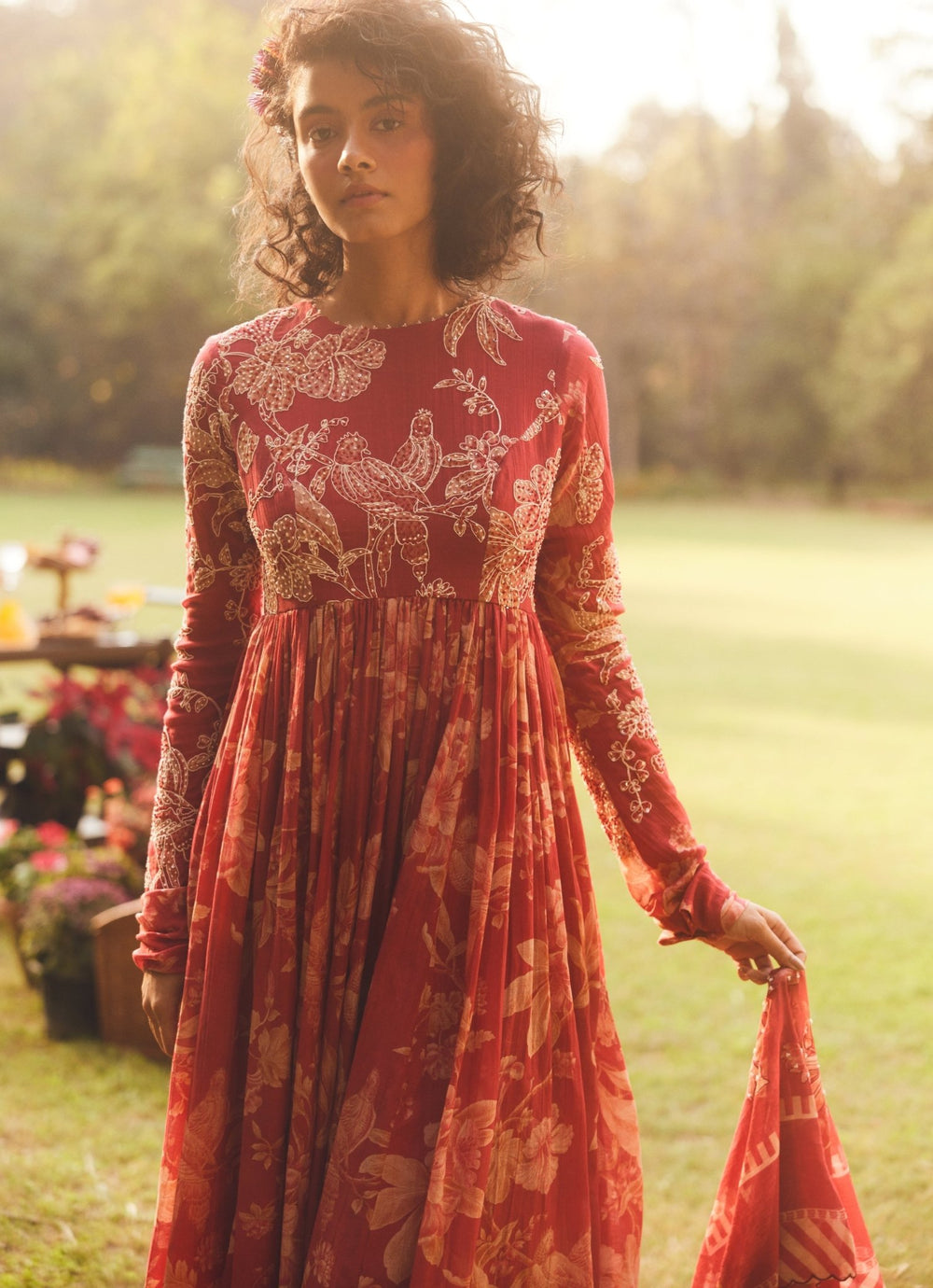 Crimson Red Printed Chanderi Anarkali Paulmi and Harsh - Fabilicious Fashion