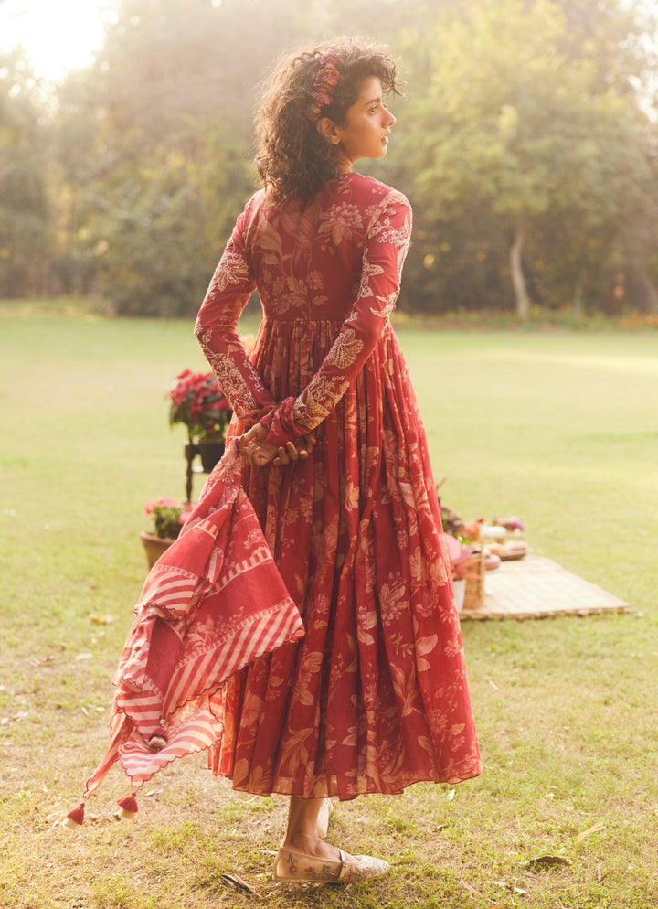 Crimson Red Printed Chanderi Anarkali Paulmi and Harsh - Fabilicious Fashion