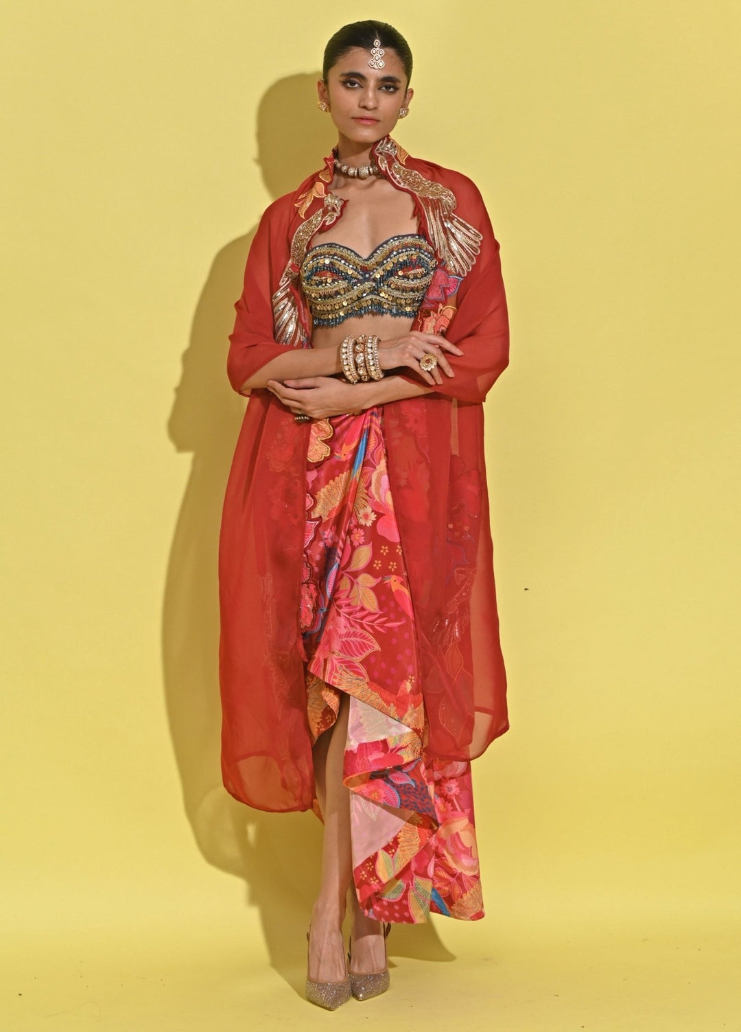 Rishi And Vibhuti Crimson Red Printed Crepe Drape Skirt Set With CapeFabilicious Fashion