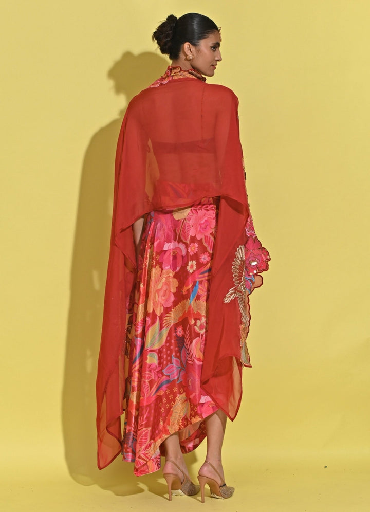 Rishi And Vibhuti Crimson Red Printed Crepe Drape Skirt Set With CapeFabilicious Fashion