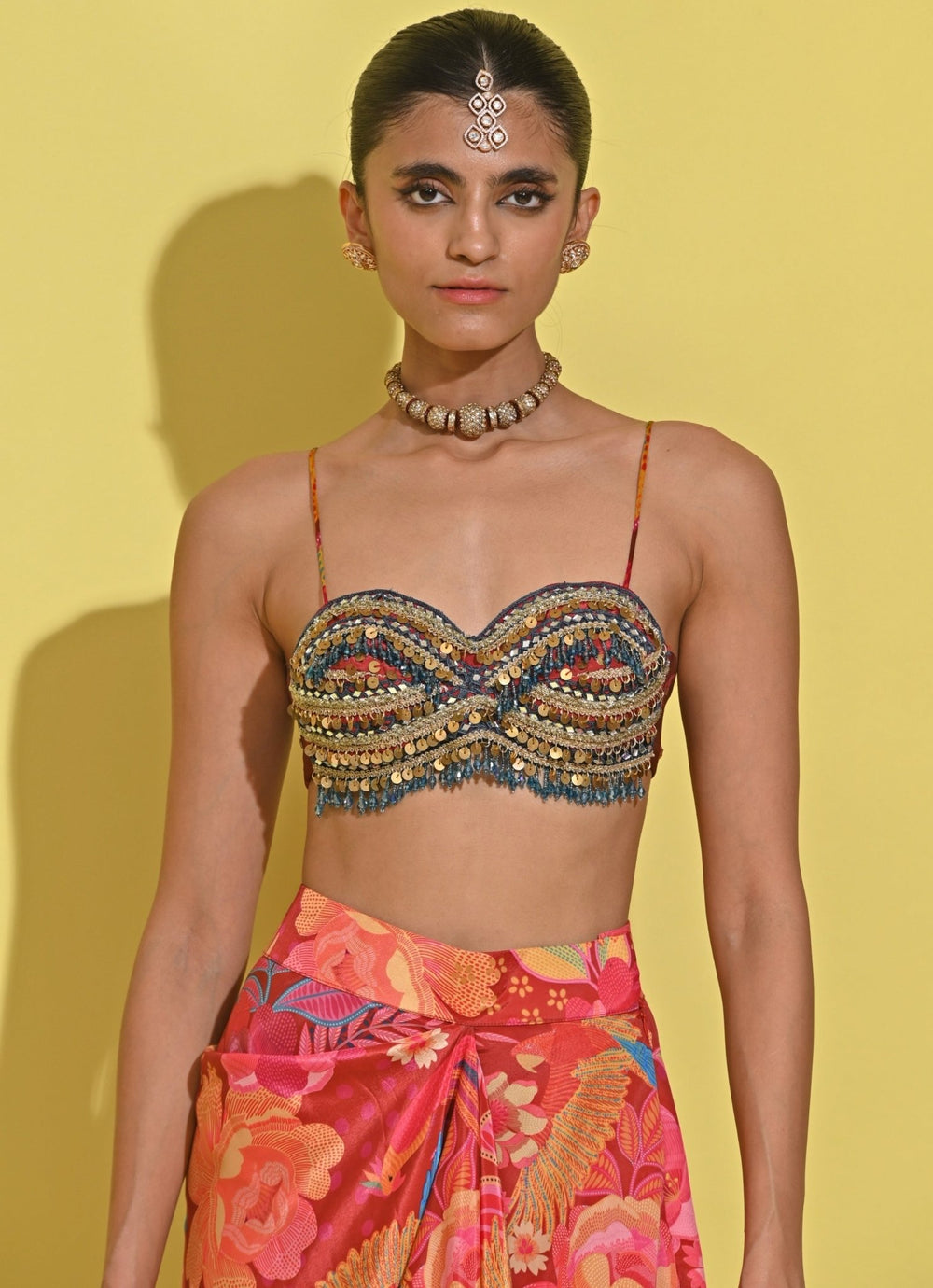 Rishi And Vibhuti Crimson Red Printed Crepe Drape Skirt Set With CapeFabilicious Fashion