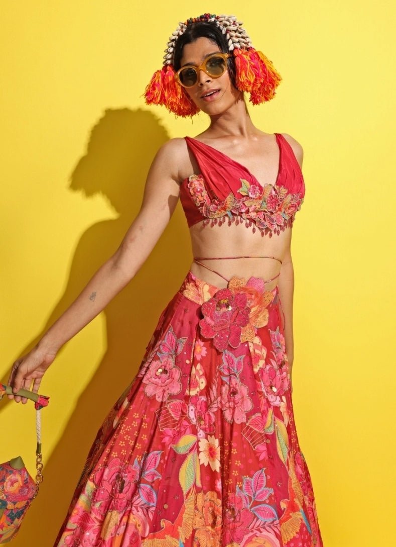 Rishi And Vibhuti Crimson Red Printed Crepe Lehenga SetFabilicious Fashion