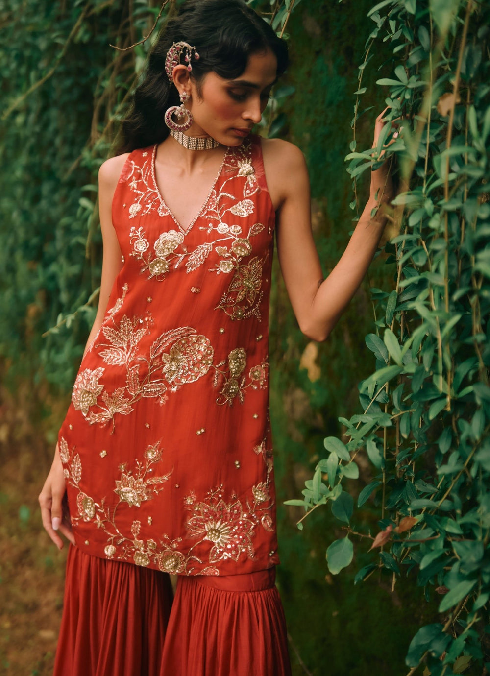 Paulmi and Harsh Crimson Red Printed Organza Kurta Sharara SetFabilicious Fashion