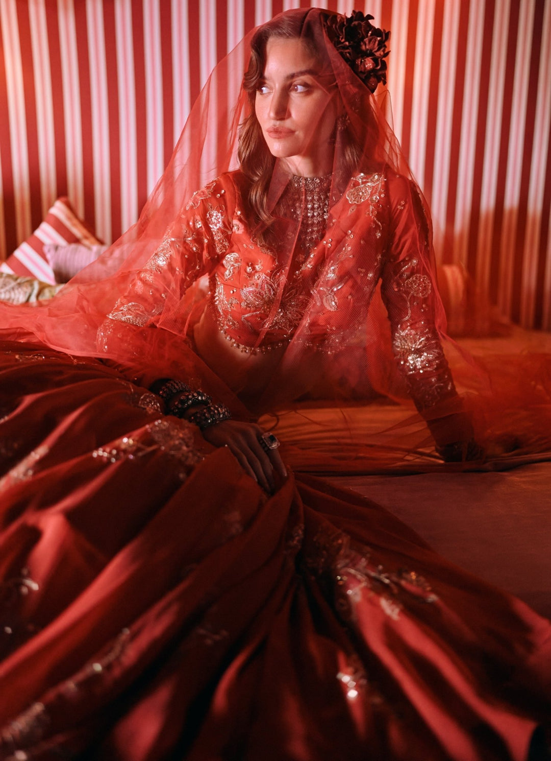 Paulmi and Harsh Crimson Red Printed Organza Lehenga SetFabilicious Fashion