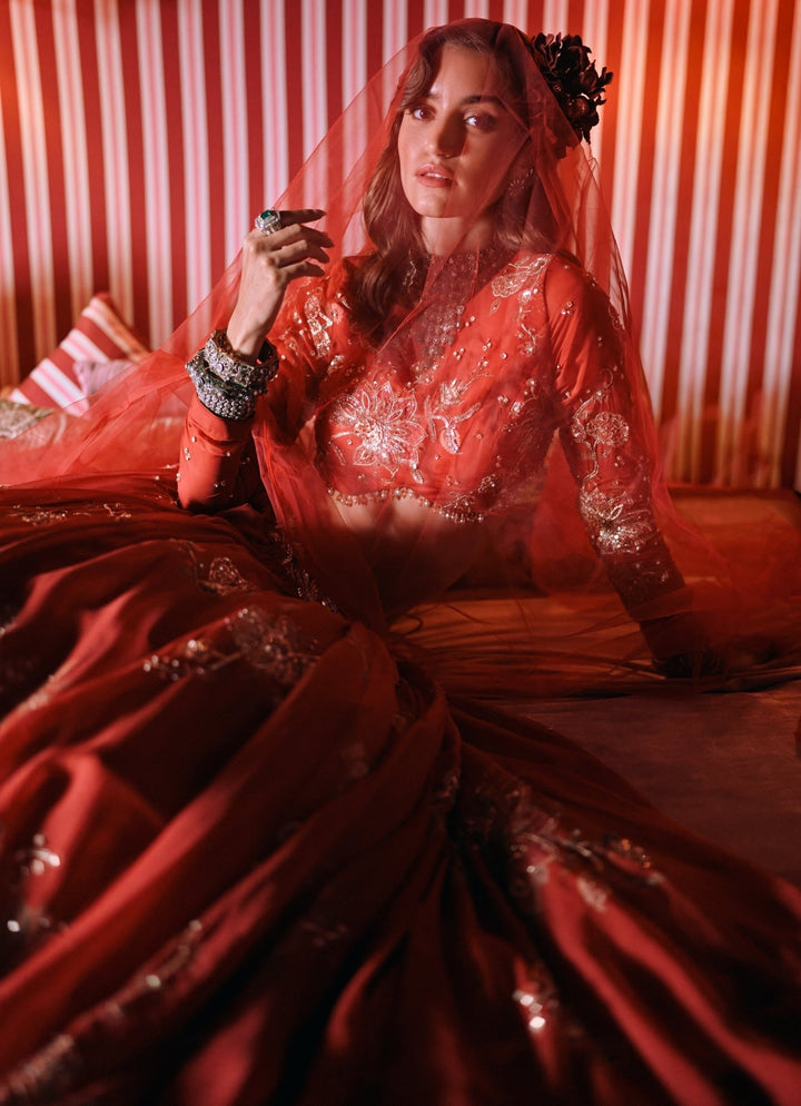 Paulmi and Harsh Crimson Red Printed Organza Lehenga SetFabilicious Fashion