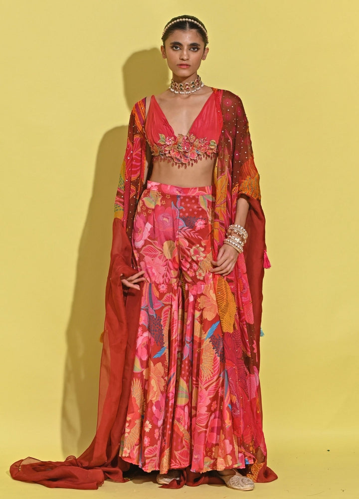 Rishi And Vibhuti Crimson Red Printed Organza Lehenga SetFabilicious Fashion