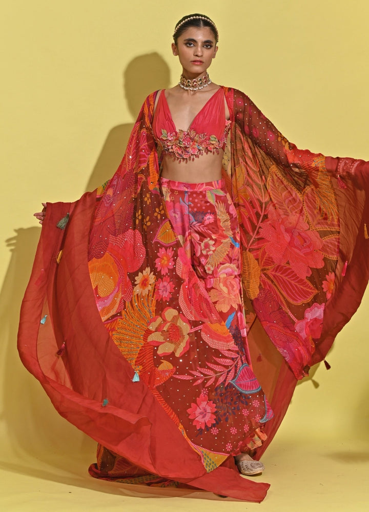 Rishi And Vibhuti Crimson Red Printed Organza Lehenga SetFabilicious Fashion