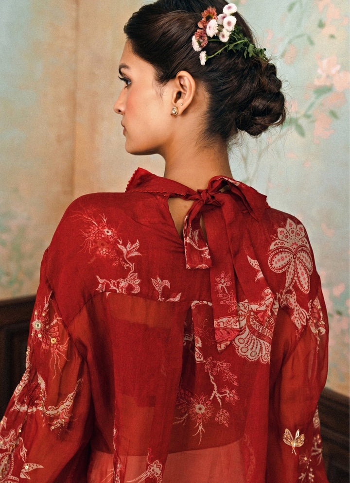 Paulmi and Harsh Crimson Red Printed Organza ShirtFabilicious Fashion
