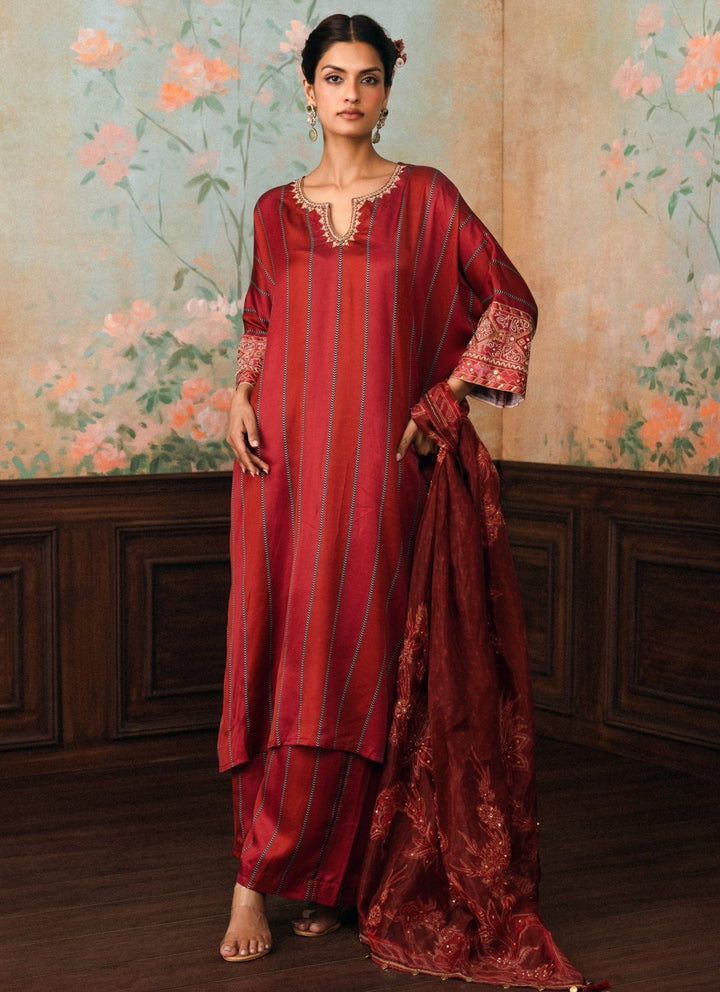 Paulmi and Harsh Crimson Red Printed Satin Kurta Pants SetFabilicious Fashion