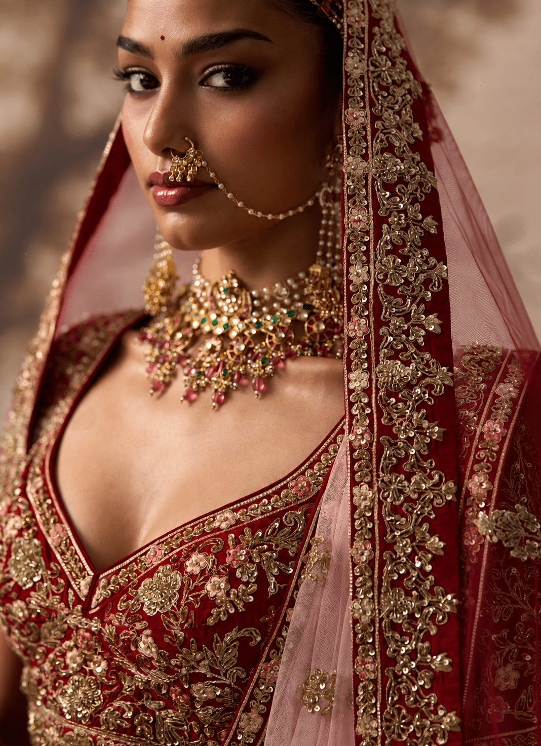 Angad Singh Crimson Red Raw Silk Double Dupatta LehengaFabilicious Fashion