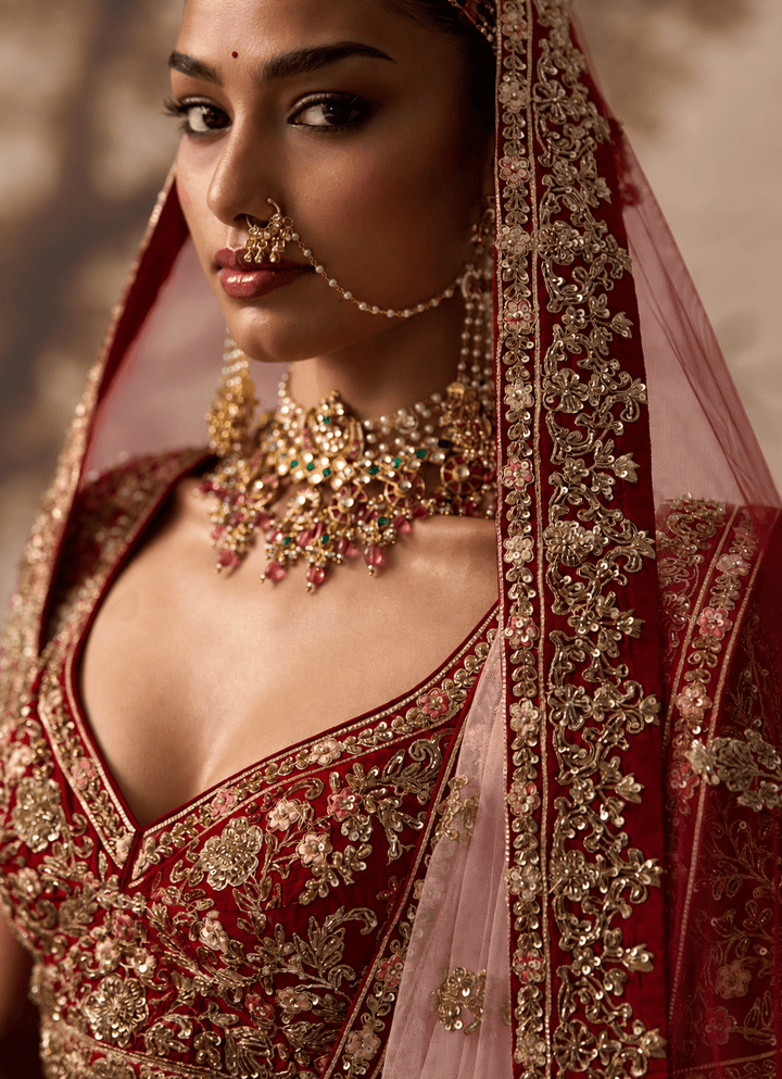 Angad Singh Crimson Red Raw Silk Double Dupatta LehengaFabilicious Fashion