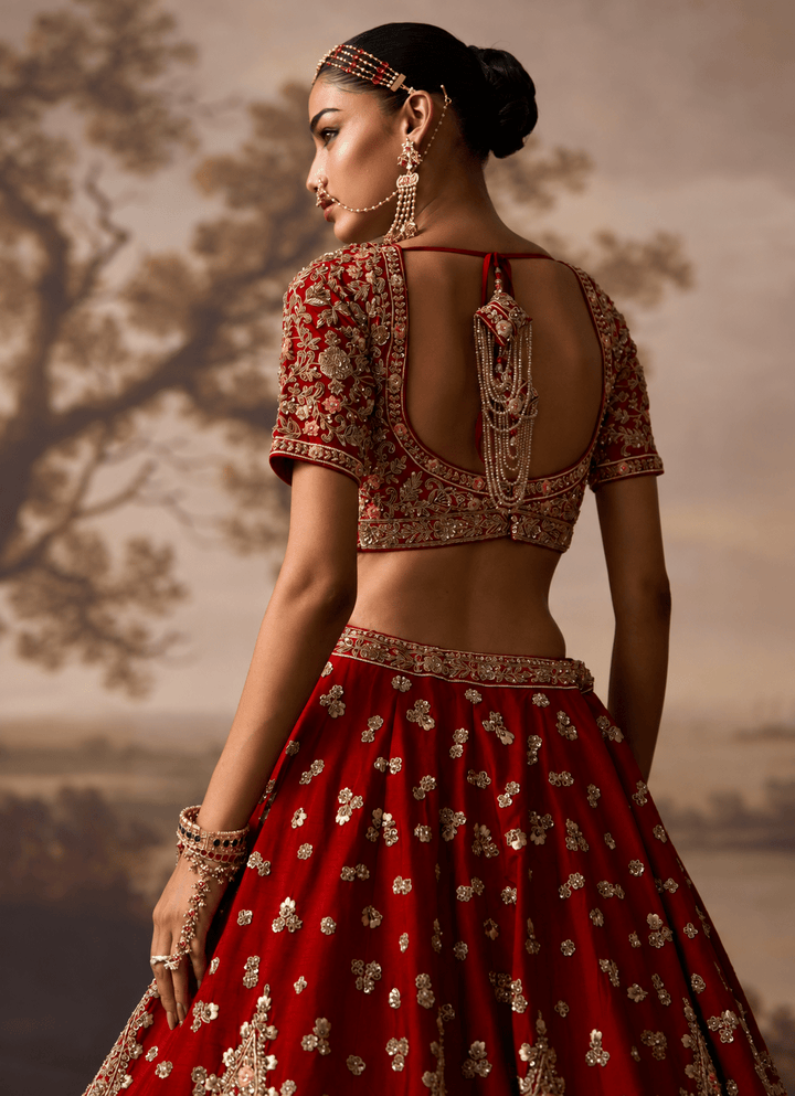 Angad Singh Crimson Red Raw Silk Double Dupatta LehengaFabilicious Fashion
