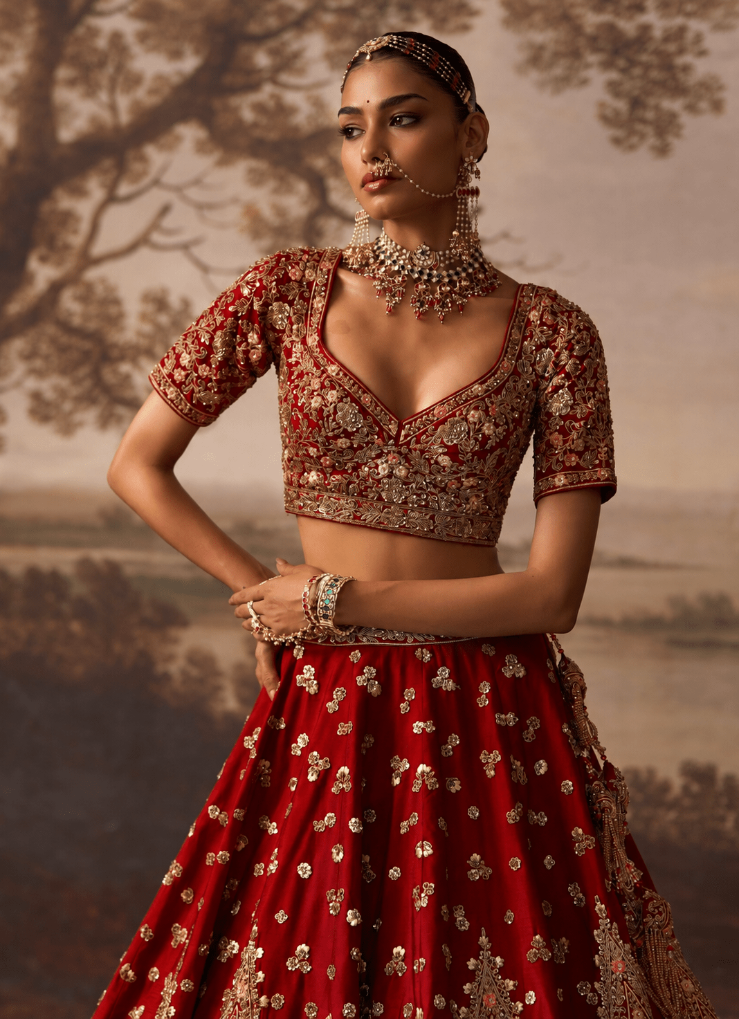 Angad Singh Crimson Red Raw Silk Double Dupatta LehengaFabilicious Fashion