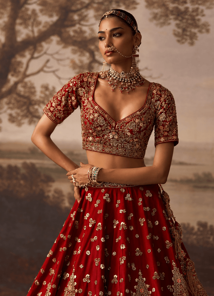 Angad Singh Crimson Red Raw Silk Double Dupatta LehengaFabilicious Fashion