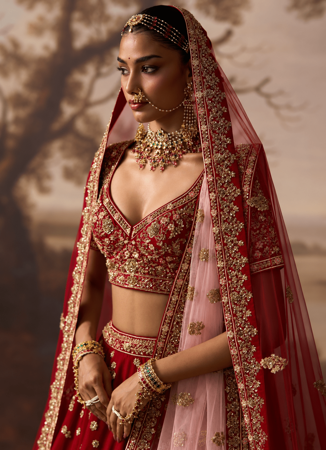 Angad Singh Crimson Red Raw Silk Double Dupatta LehengaFabilicious Fashion