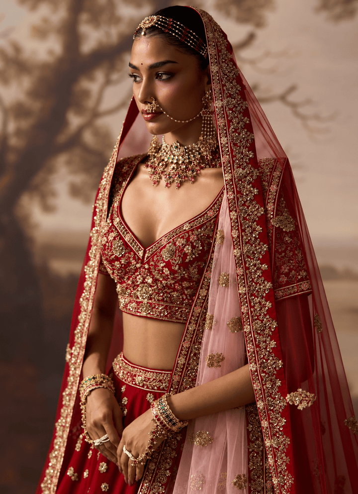 Angad Singh Crimson Red Raw Silk Double Dupatta LehengaFabilicious Fashion