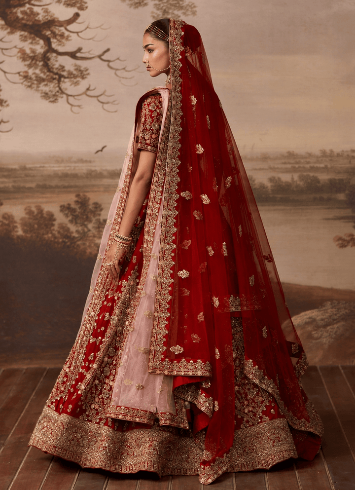 Angad Singh Crimson Red Raw Silk Double Dupatta LehengaFabilicious Fashion