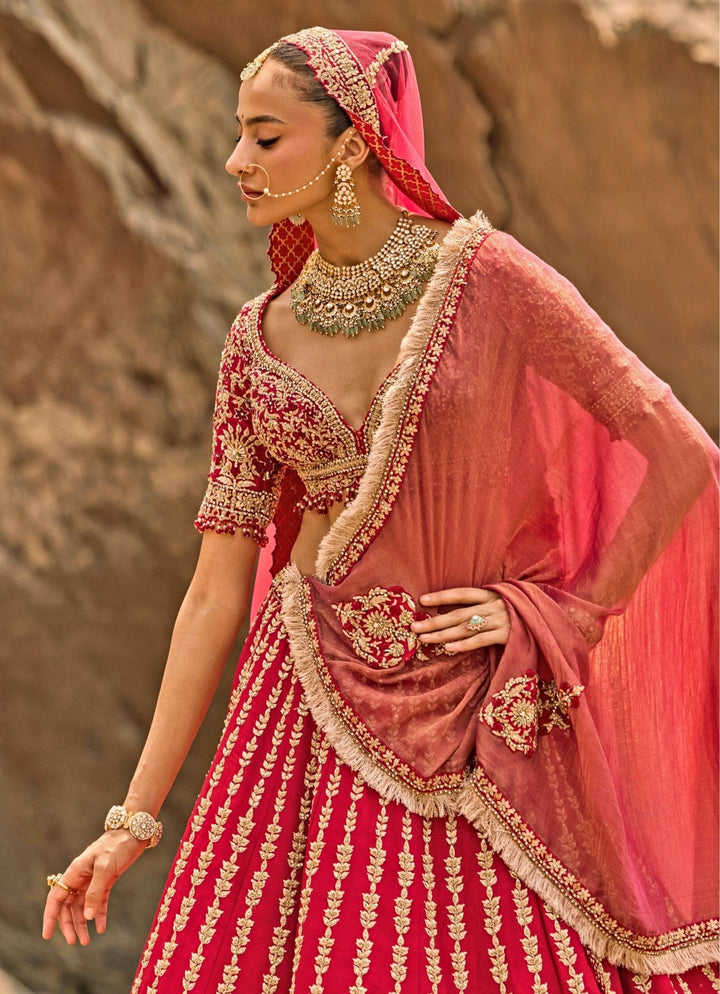 Nitika Gujral Crimson Red Raw Silk Zardosi Bridal Lehenga SetFabilicious Fashion