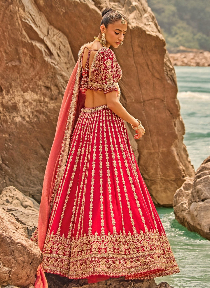Nitika Gujral Crimson Red Raw Silk Zardosi Bridal Lehenga SetFabilicious Fashion