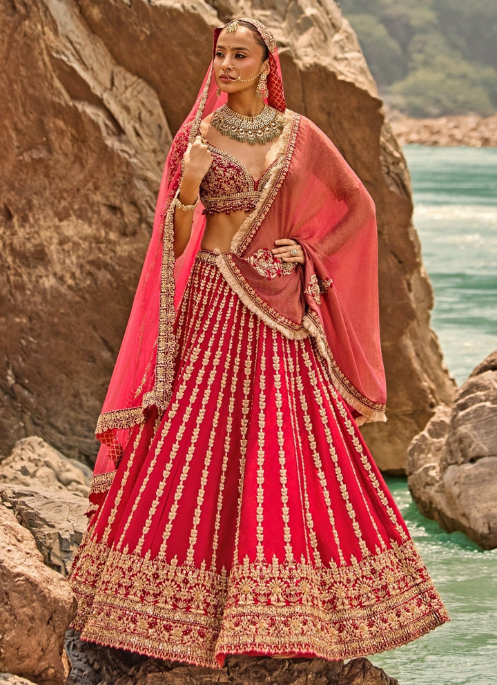 Nitika Gujral Crimson Red Raw Silk Zardosi Bridal Lehenga SetFabilicious Fashion