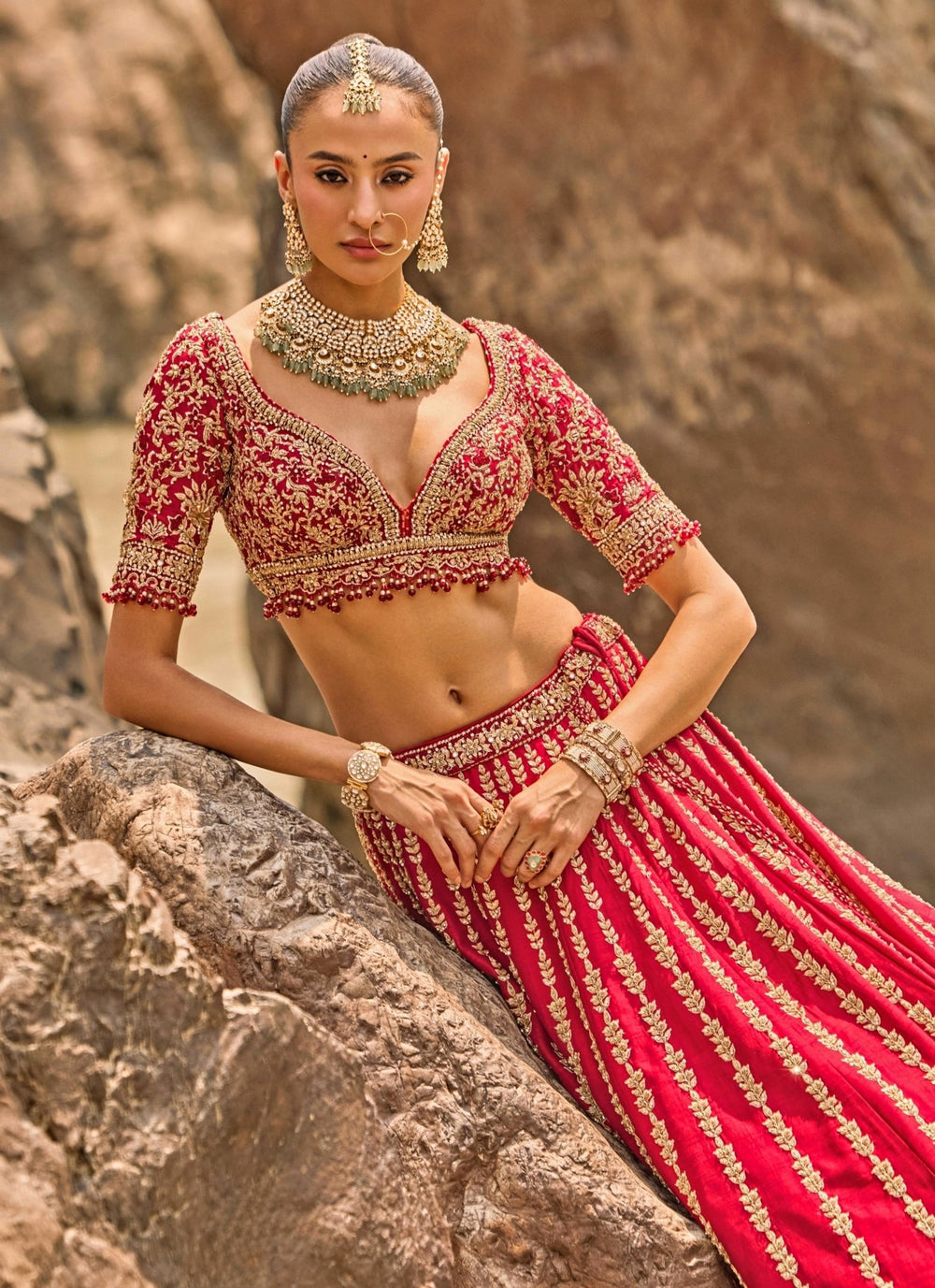 Nitika Gujral Crimson Red Raw Silk Zardosi Bridal Lehenga SetFabilicious Fashion
