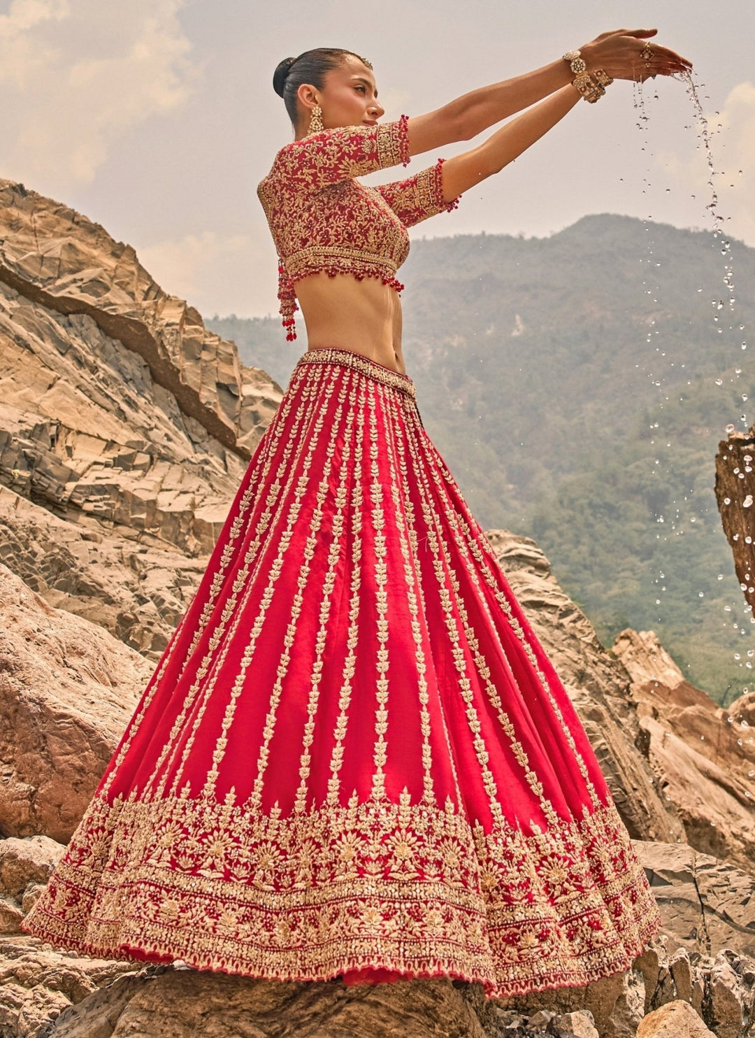 Nitika Gujral Crimson Red Raw Silk Zardosi Bridal Lehenga SetFabilicious Fashion