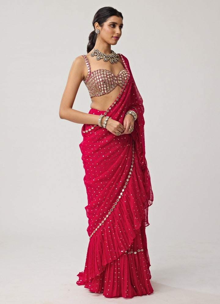 Crimson Red Ruffle Sequinned Georgette Saree Set Vvani by Vani Vats - Fabilicious Fashion
