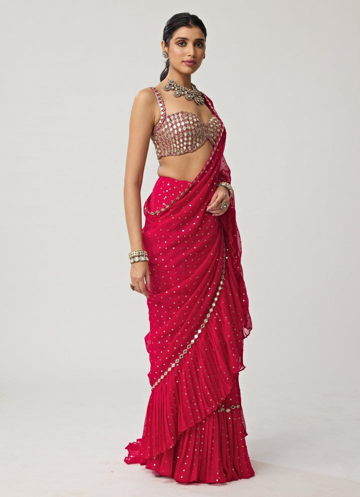 Crimson Red Ruffle Sequinned Georgette Saree Set Vvani by Vani Vats - Fabilicious Fashion