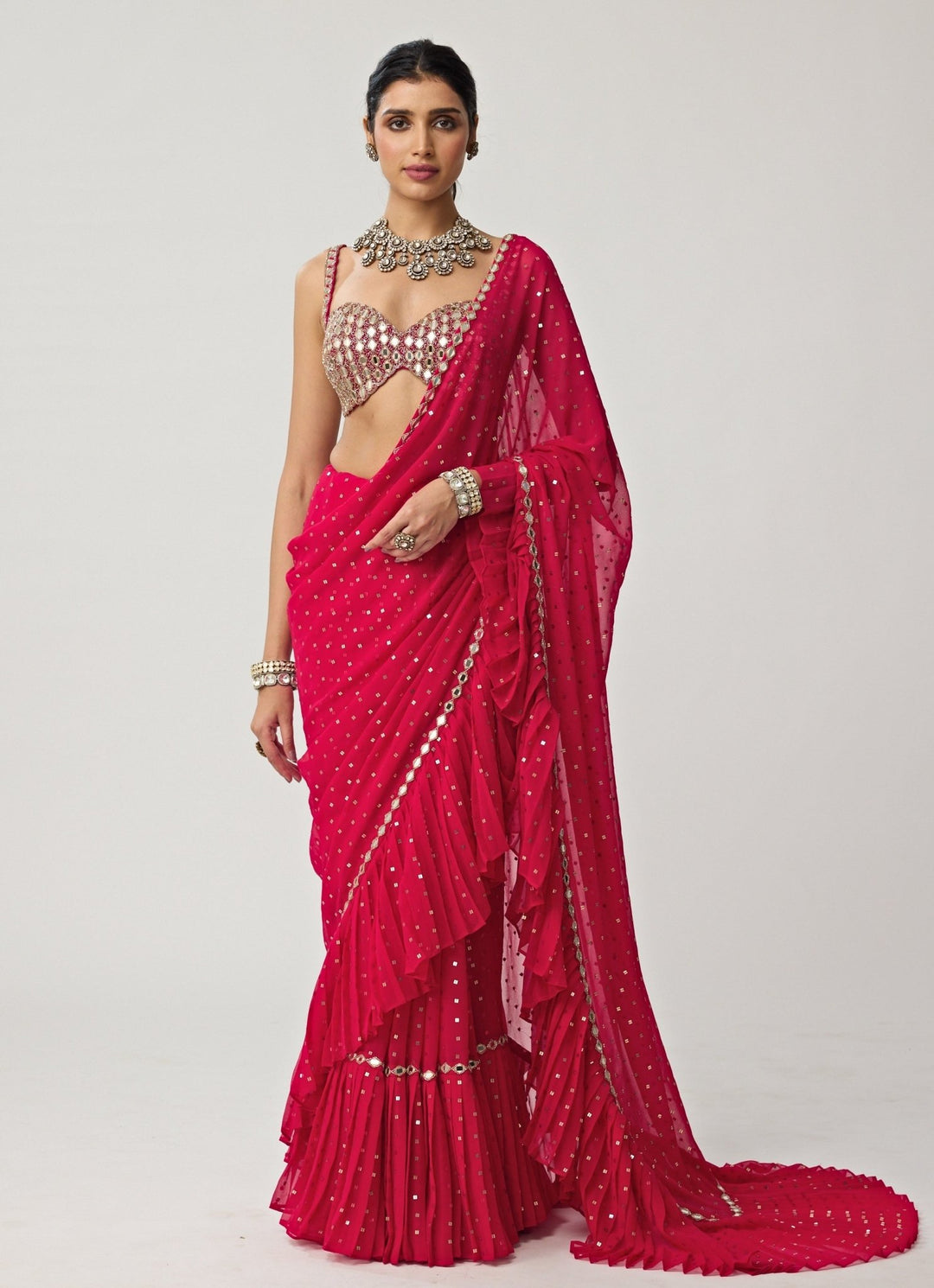 Crimson Red Ruffle Sequinned Georgette Saree Set Vvani by Vani Vats - Fabilicious Fashion