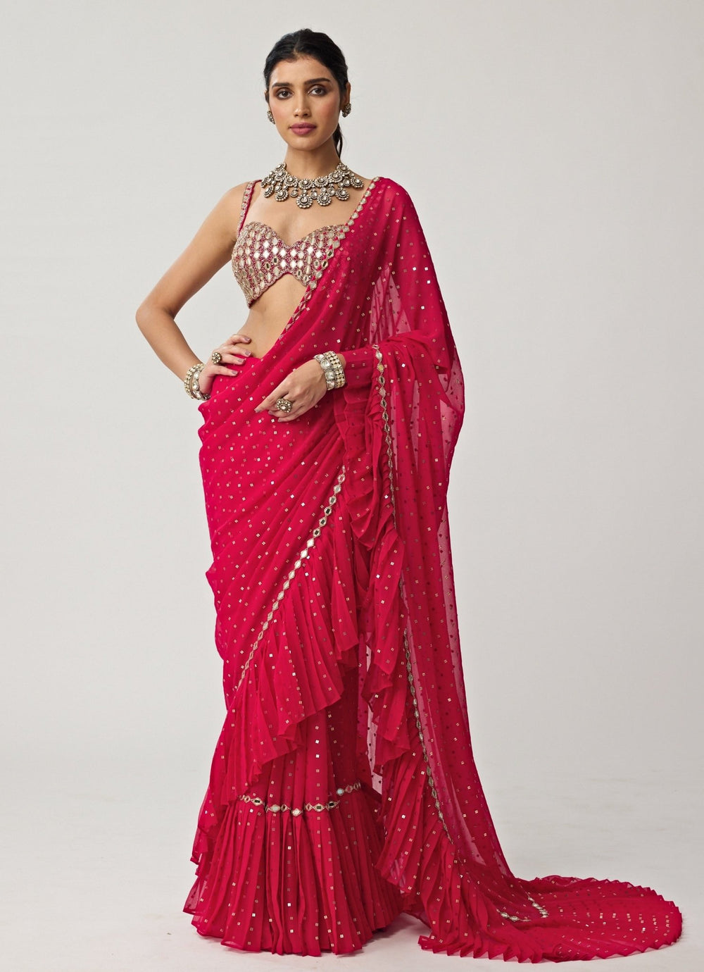 Crimson Red Ruffle Sequinned Georgette Saree Set Vvani by Vani Vats - Fabilicious Fashion