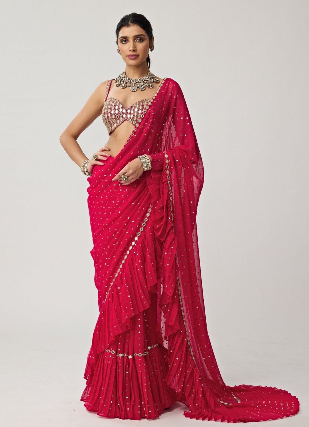 Crimson Red Ruffle Sequinned Georgette Saree Set Vvani by Vani Vats - Fabilicious Fashion