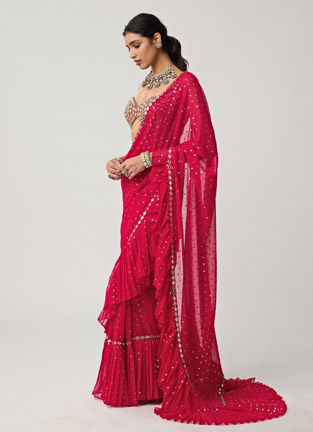 Crimson Red Ruffle Sequinned Georgette Saree Set Vvani by Vani Vats - Fabilicious Fashion