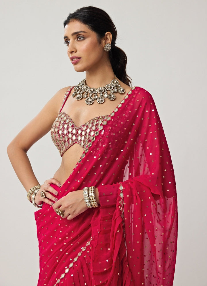 Crimson Red Ruffle Sequinned Georgette Saree Set Vvani by Vani Vats - Fabilicious Fashion