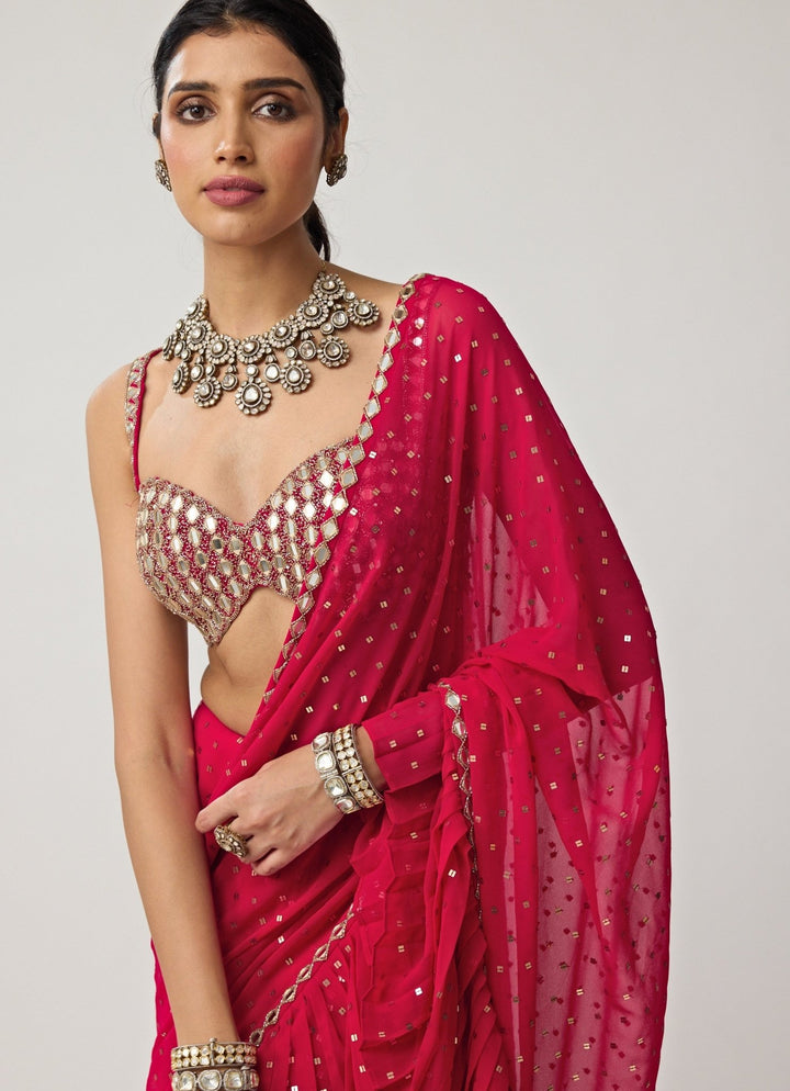 Crimson Red Ruffle Sequinned Georgette Saree Set Vvani by Vani Vats - Fabilicious Fashion