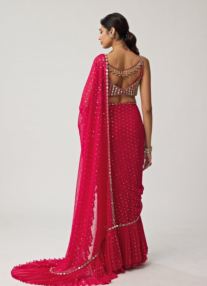 Crimson Red Ruffle Sequinned Georgette Saree Set Vvani by Vani Vats - Fabilicious Fashion