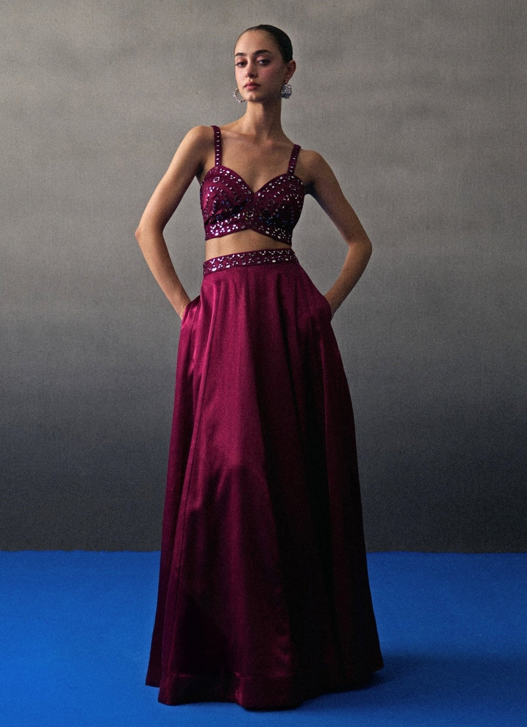 Crimson Red Satin Silk Lehenga Set Angad Singh - Fabilicious Fashion